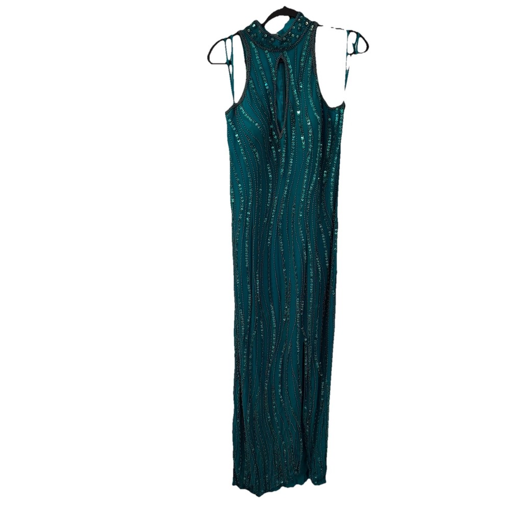 Alyce‎ Designs Dress Sz 18 Teal Green 100% Silk Beaded Sequins Long Formal Gown